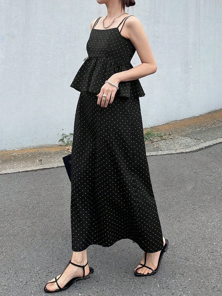 FRIFUL Women's Long Dress with Polka Dots, Thin Straps, 2 in 1, Fitted Waist, Ruched and Slimming Effect for Summer