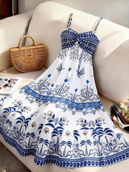 GlowEve Women's A-Line Dress with Thin Straps and Print, Charming, Sexy, and Elegant for Daily Wear, Vacations, Fashion Dates, Retro French Street Style, Versatile, New Long Sleeveless Dress in Blue and White