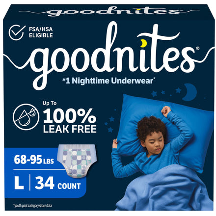 Goodnites Ropa interior nocturna para mojar la cama, talla L para niños (68-95 libras), 34 unidades