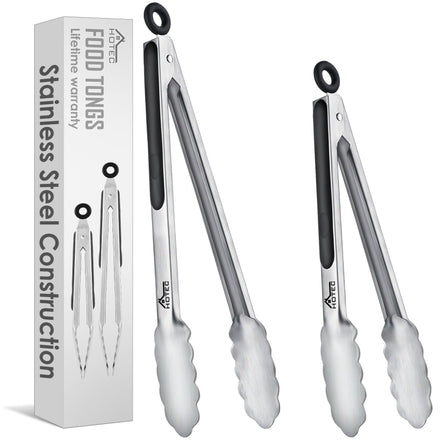 Hotec Pinzas de Cocina de Acero Inoxidable Mango de Silicona, Juego de 2 – 23cm, 30,5 cm, Pinzas de Metal de Bloqueo Para Alimentos con Agarre Antideslizante