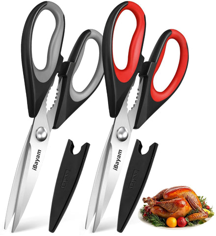 iBayam Tijeras de cocina para cocinar, 2 unidades, resistentes tijeras de carne, aptas para lavavajillas, tijeras de cocina multiusos de acero inoxidable, para pollo, aves de corral, pescado, hierbas