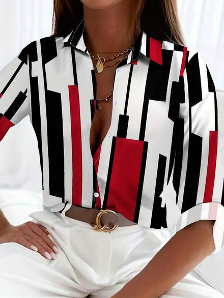 INAWLY Camisa casual de mujer con estampado colorblock y geométrico, primavera y otoño