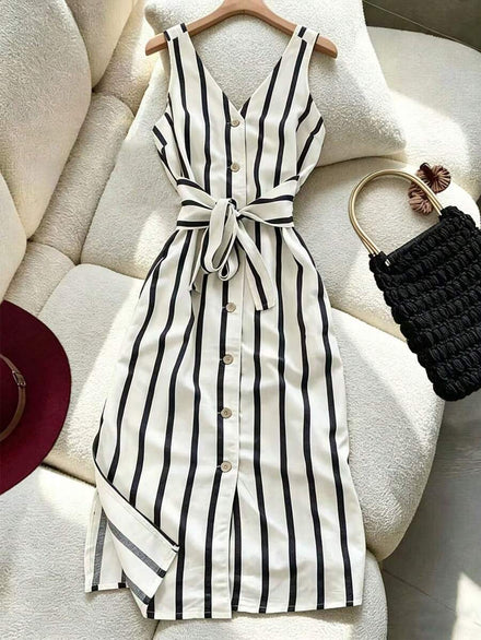 INAWLY Women's Midi Dress with One Shoulder, Belted and Striped, Elegant and Fashionable