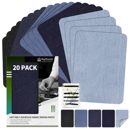 KING MOUNTAIN Paquete de 20 parches de reparación para planchar, parches de mezclilla para jeans, kit de reparación y decoración de jeans de 3 x 4-1/4 pulgadas, 100% algodón, parches de reparación y