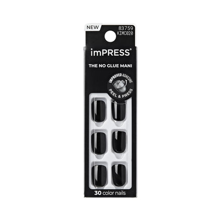 KISS imPRESS - Kit de uñas de gel de color, todo negro, con tecnología PureFit, color mani sin esmalte, incluye almohadilla de preparación, mini lima, barra de cutícula y 30 uñas postizas
