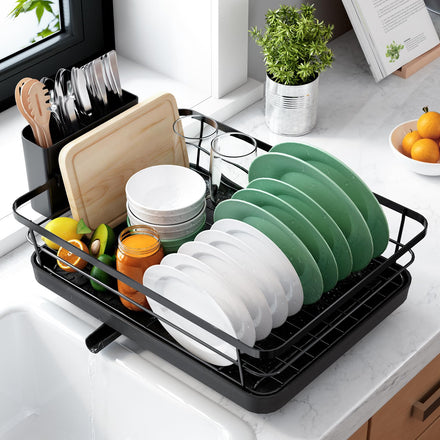 Kitsure Escurridor de Platos, escurreplatos Acero Inoxidable para encimera Cocina con Porta Cubiertos, almacenaje Fregadero hogar apartamento, Medium, Negro