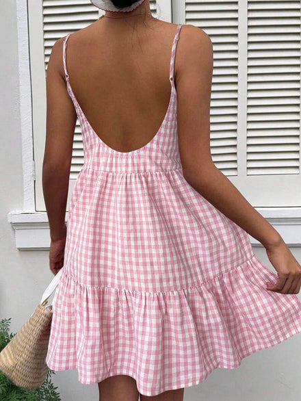 MainGRL Women's Summer Checkered Dress with Thin Straps and Open Back