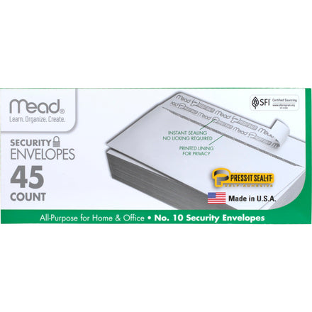 Mead No.10 Sobres, Seguridad, Press-it Selal-it, 4-1/8" X 9-1/2", Blanco, 45 por caja (75026)