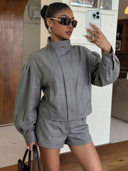 Muchica Conjunto de chaqueta casual de manga larga y pantalones cortos de unicolor para mujer
