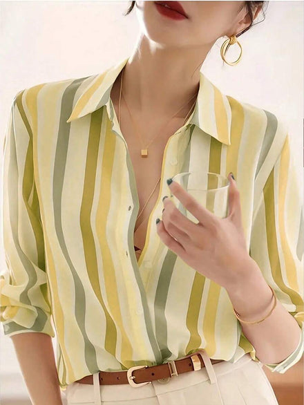 Nueva camisa holgada de manga larga para mujer, top casual a rayas, primavera, amarillo