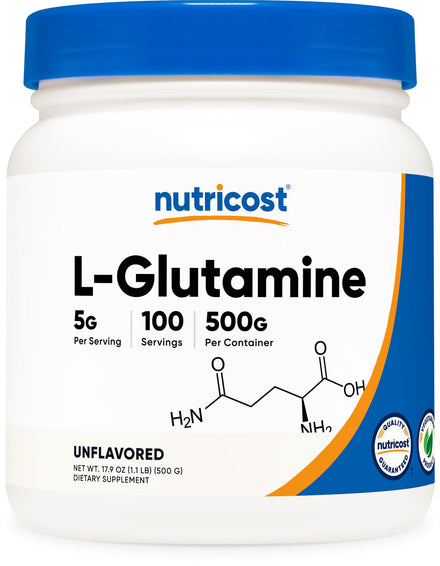 Nutricost L-Glutamina en Polvo (500 Gramos) Sin Sabor - Sin Gluten, No OGM, 100 Porciones