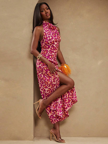 NYA SZN Women's Casual Party Dress with All-Over Print, Halter Neck and Split Design