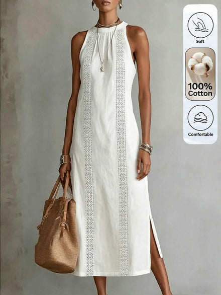 Omancia Women's Casual Summer Maxi Dress with Solid White Lace Details