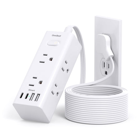 One Beat - Cable de extensión de 10 pies con múltiples tomas, protector de sobretensiones de enchufe plano con cable de 10 pies de largo, 6 tomacorriente, 3 puertos USB (1USB C), enchufe de pared