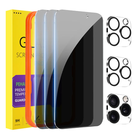 PEHAEL [Paquete de 3+3] Protector de pantalla de privacidad para iPhone 16 Pro Max con protector de lente de cámara, cobertura completa, película de vidrio templado antiespía, dureza 9H, protección de
