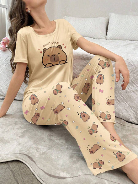 Pijama de mujer de tela de punto suave con divertido estampado de oso y estilo relajado Pijama de capibara Pijama lindo para mujer Pijama lindo para dormir Camiseta de pijama para mujer