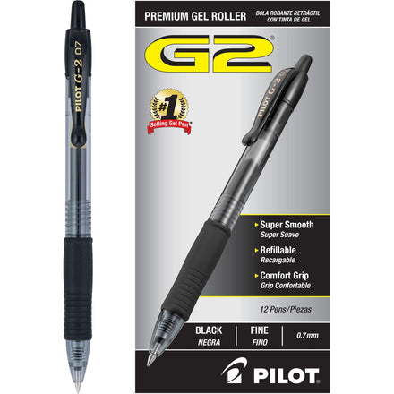 Pilot, G2 Premium - Bolígrafos de gel de punta fina de 0,7 mm, color negro, paquete de 12 unidades (caja de docena)