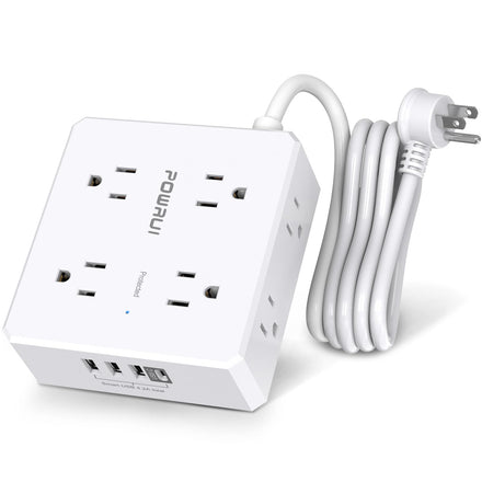 Power Strip with 6 Feet - POWRUI 8 Widely Surge Protector Outlets with 4 USB Ports, 3 Side Outlet Extender with 6 Feet Extension Cord, Flat Plug, Wall Mount, Desk USB Charging Station, ETL,White