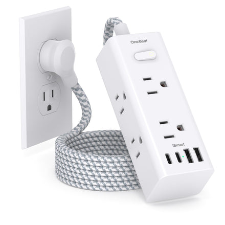 Protección contra sobretensiones para regletas de enchufes: 6 conectores anchos con 3 puertos USB (1 USB C), tira de extensión de enchufe de 3 lados, cable de extensión de 5 pies, conector plano