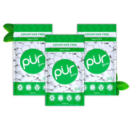 PUR Gum chicle sin azúcar con xilitol, vegano, sin aspartamo y sin gluten, sabor spearmint, 55 piezas (paquete de 3)
