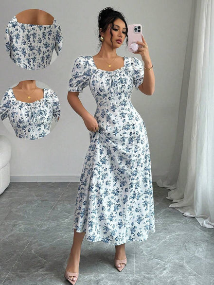 Rafferiza Mini Dress with Square Neckline, Elegant Floral Print, Ruffled Cuffs and Hem, Suitable for Spring/Summer/Autumn