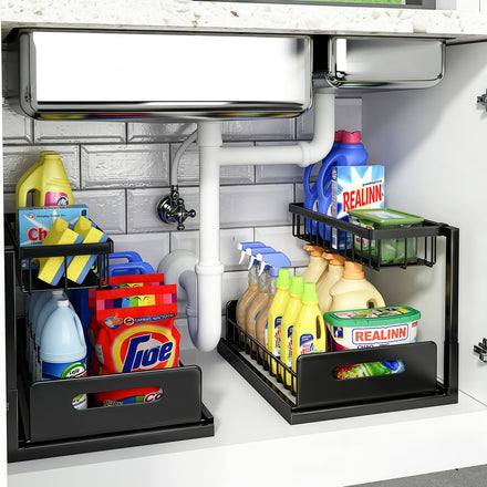 REALINN Organizador para Debajo del Fregadero, Organizador de gabinete extraíble, Estante Deslizante, estantes de Almacenamiento, Almacenamiento para Cocina y baño, Negro, Paquete de 2