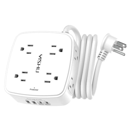 Regleta de alimentación de 6' - 8 Tomas Anchas, 4 USB, 3 Tomas Laterales, Cable de extensión de 6', Enchufe Plano, Montaje en Pared, Carga USB de Escritorio, Blanco
