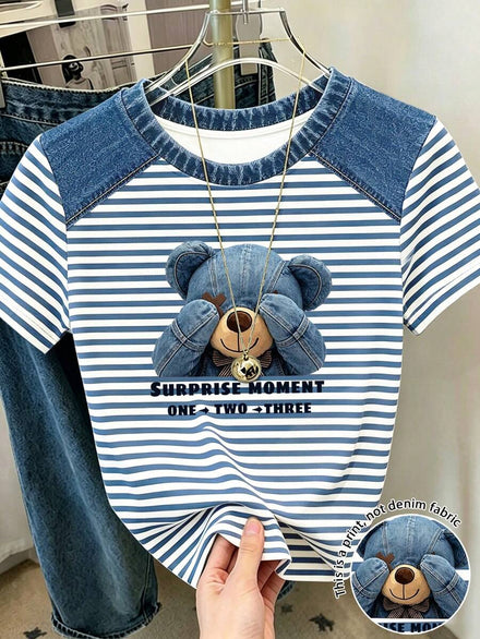 Resyla Camiseta casual versátil de uso diario para mujer con cuello redondo, bloques de color a rayas y estampado de letras y dibujos animados