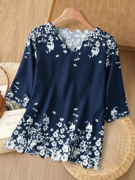 Rusticease Blusa suelta con cuello en V y estampado floral, manga 3/4, blusas de manga larga para mujer