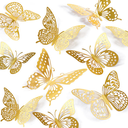 SAOROPEB Decoración de pared de mariposa 3D, 48 piezas, 4 estilos, 3 tamaños, decoraciones de mariposa dorada para cumpleaños y celebraciones de fiestas, calcomanías extraíbles