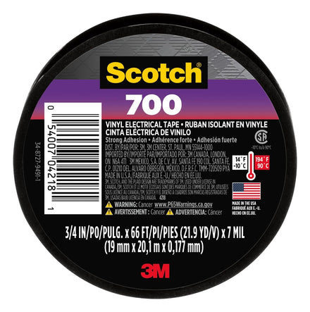Scotch Cinta eléctrica de vinilo 700, 1 rollo, negro, 3/4 pulgadas x 66 pies, uso general, grado comercial, clasificado para temperaturas de hasta 194 grados, altamente flexible, elástica y