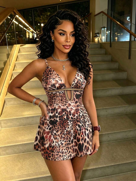 Sexy Vintage Y2K A-Line Dress with Thin Straps for Women, Mini Dress with V-Neck and Leopard Print, Suitable for Disco, Romantic Dinner, Party, and Shopping Outfits