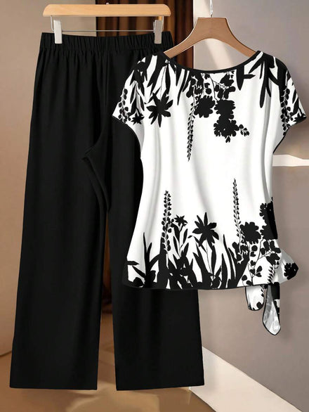 SHEIN Clasi Conjunto de Camisa Beige y Pantalón Negro para Mujer