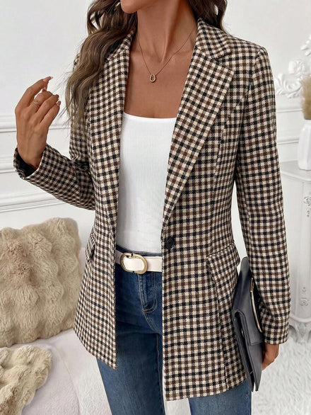 SHEIN Clasi Blazer de manga larga a cuadros con un solo botón, casual y versátil para ir al trabajo, viajar y uso diario, abrigo de invierno para mujer