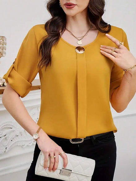 SHEIN Clasi Blusa de mujer de manga enrollada sólida