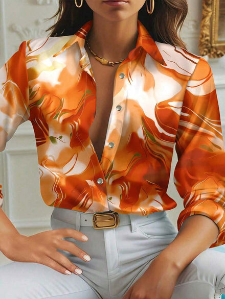 SHEIN Clasi Camisa casual de mujer de manga larga con botones y estampado dorado del tiempo en toda la prenda, blusas de manga larga