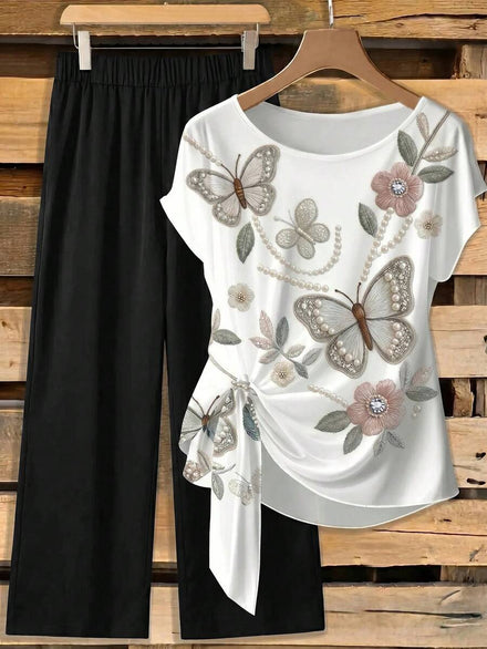 SHEIN Clasi Conjunto de 2 piezas para mujer con top de cuello redondo con estampado floral y lazo delantero y pantalones largos casuales de unicolor