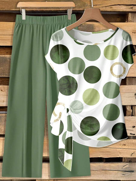 SHEIN Clasi Set de 2 piezas: Blusa con estampado de lunares y nudo delantero Pantalones rectos holgados, adecuado para vacaciones de primavera/verano