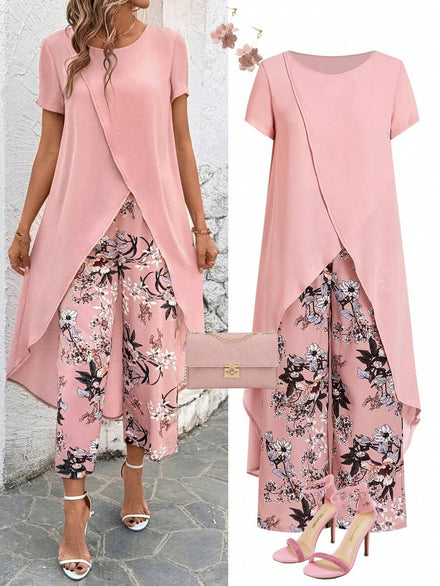 SHEIN Clasi Set de 2 piezas para mujer, top manga corta de cuello redondo y pantalones de estampado floral