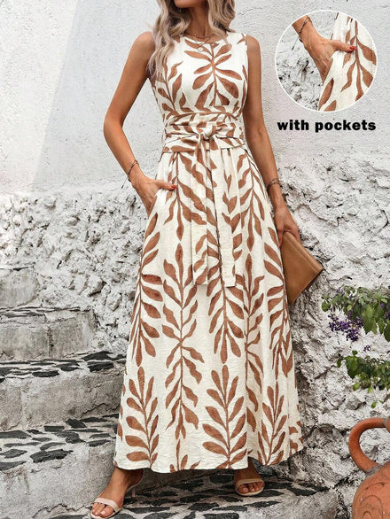 SHEIN Classic Sleeveless Summer Dress with Round Neck, Fitted Waist and All Over Print for Casual Wear and Vacations