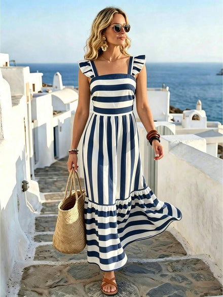 SHEIN Elegant Summer Dress with Square Neckline, A-Line and Blue and White Stripes for Vacations