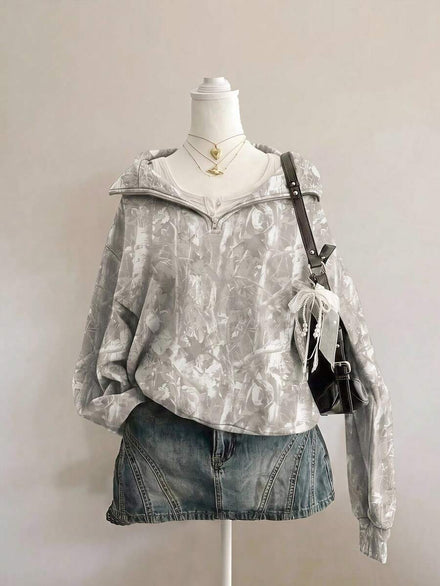 SHEIN EZwear Sudadera ligera con media cremallera, estilo casual minimalista de calle, efecto lavado, estampado de camuflaje de ramas de árbol, adecuada para otoño/invierno/primavera/verano, estil