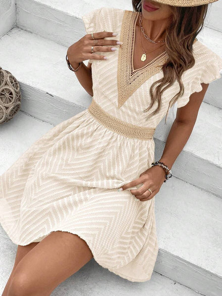SHEIN Frenchy Vacation Casual Dress with Ruffled Trim and Color Block Lace Patch