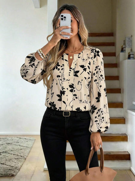 SHEIN LUNE Blusa de manga larga con estampado floral, cuello redondo, escote en V, falso pliegue y manga abullonada, elegante para salidas en otoño/invierno, atuendos de vacaciones para mujer,%