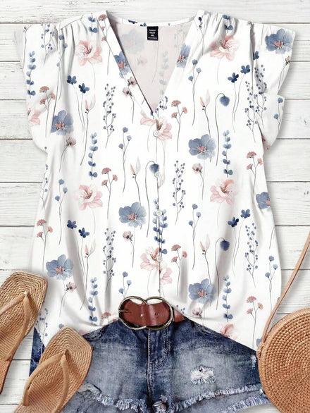 SHEIN LUNE Camisa casual de mujer con estampado floral acuarela, estilo minimalista adecuado para el verano