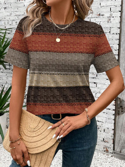 SHEIN LUNE Camiseta de manga corta holgada con cuello redondo, estilo retro de bloques de color a rayas, adecuada para primavera/verano, casual