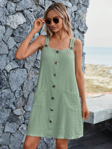 SHEIN LUNE Casual Women's Solid Color Dress with Front Buttons, Suitable for Vacations