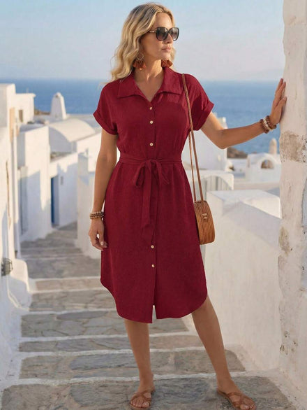 SHEIN LUNE Elegant Solid Dress for Women with Short Sleeves and Buttons