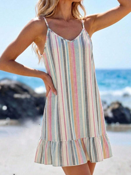 SHEIN LUNE Mini Dress with Colorful Striped Print and Ruffles at the Hem for Women