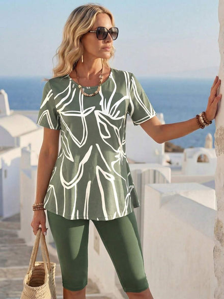 SHEIN LUNE Set de 2 piezas con top de cuello redondo de manga corta y Bottom a juego con estampado, minimalista